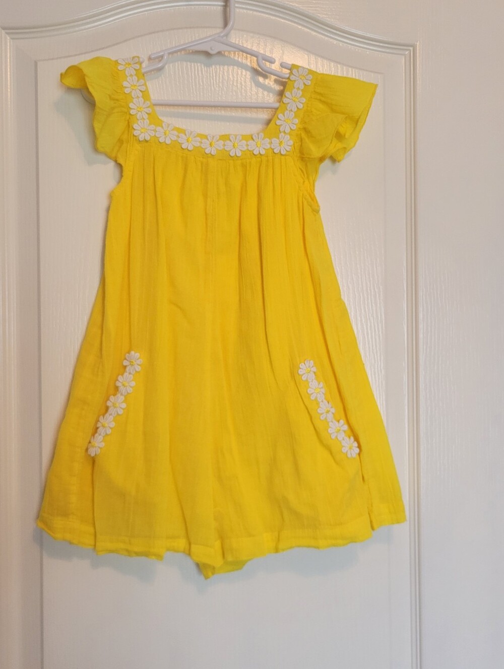 Mini Boden Girls' Yellow W Daisy Trim Lined Sleeveless Romper W Pockets 3/4 Y